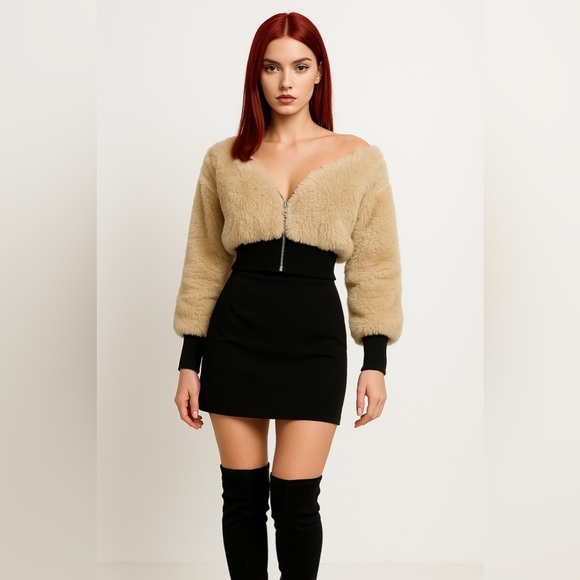 Women's Fashion Spliced Wool Short Jacket Comfortable Long Sleeve Style - Picture 3 of 8